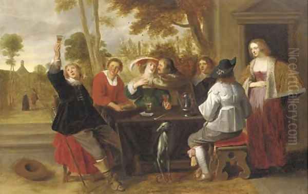 Elegant company at table on a terrace Oil Painting by Christoffel Jacobsz van der Lamen