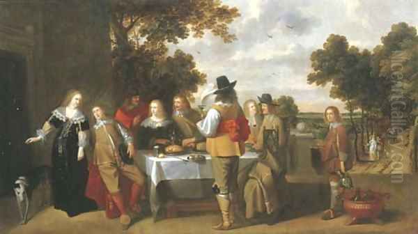 Elegant company eating and drinking on a terrace, a landscape beyond Oil Painting by Christoffel Jacobsz van der Lamen