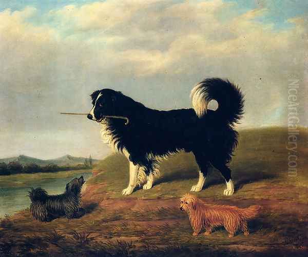 A Spaniel And Two Norfolk Terriers In A Landscape Oil Painting by James Loder