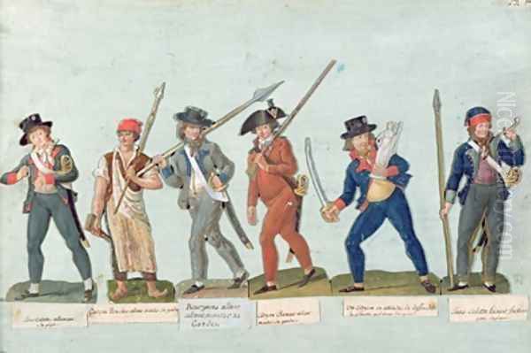 Sans Culotte Lighting his Pipe Young Butcher Bourgeois Going to Guard Huntsman Citizen Defending his Liberty Sans Culotte Keeping Guar Oil Painting by Brothers Lesueur