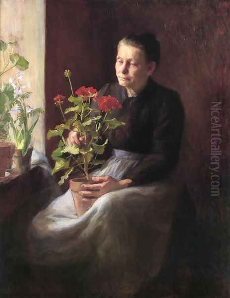 Woman with a Geranium Oil Painting by Caroline Augusta Lord