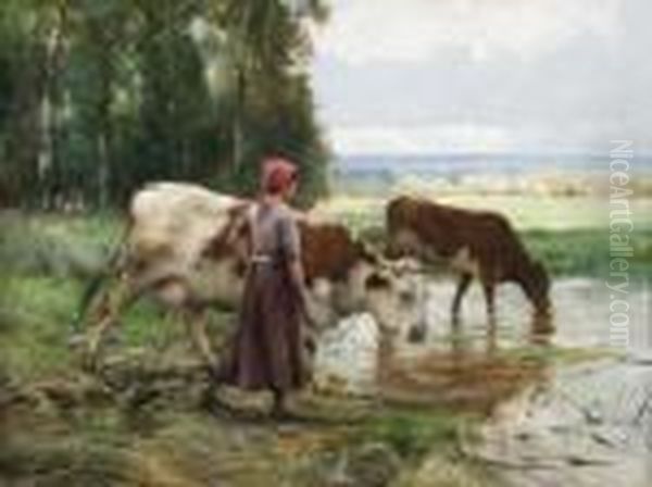 Paysanne Faisant Boire Ses Vaches Oil Painting by Julien Dupre