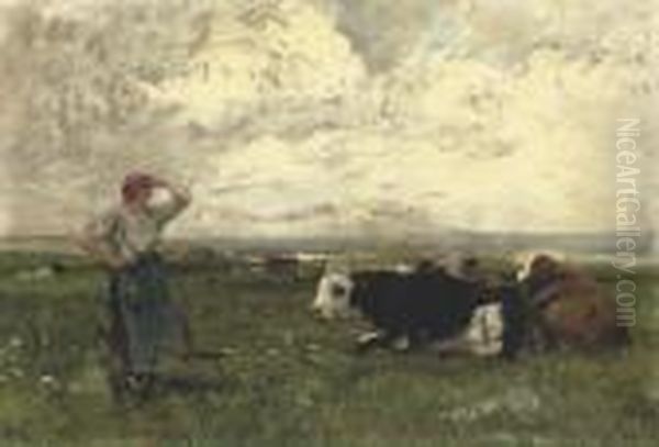 Young Farmgirl With Cattle Oil Painting by Julien Dupre