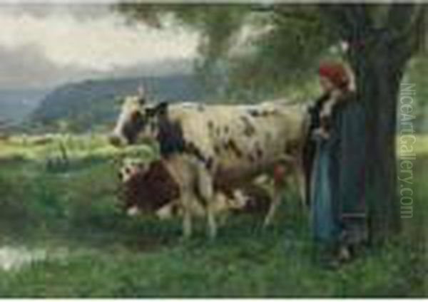 Peasant Woman With Cows Oil Painting by Julien Dupre