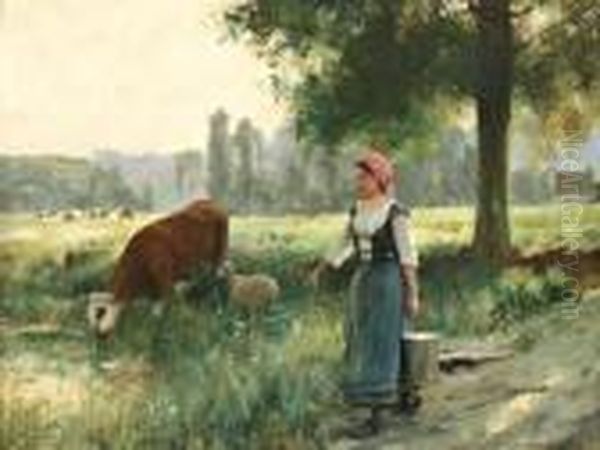 Fermiere Et Son Troupeau Dans Laprairie D'arques La Bataille Oil Painting by Julien Dupre