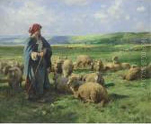 A Young Shepherdess Watching Over Her Flock Oil Painting by Julien Dupre