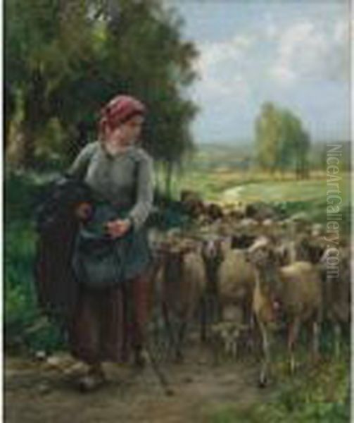 Shepherdess And Her Flock Oil Painting by Julien Dupre