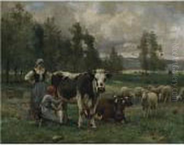 Milkmaids In The Pasture Oil Painting by Julien Dupre