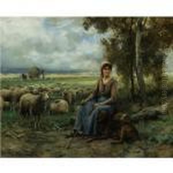 Shepherdess Watching Over Her Flock Oil Painting by Julien Dupre