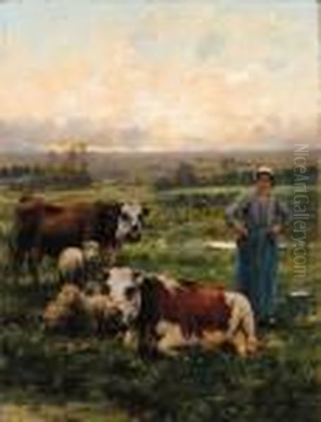 A Shepherdess With Cows And Sheep In A Landscape Oil Painting by Julien Dupre