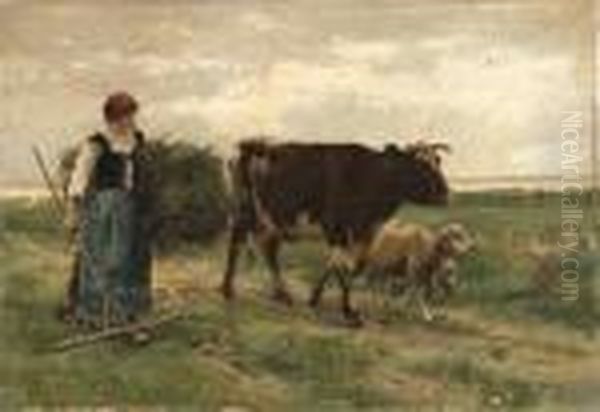 Shepherdess With A Cow And Sheep On A Path Oil Painting by Julien Dupre