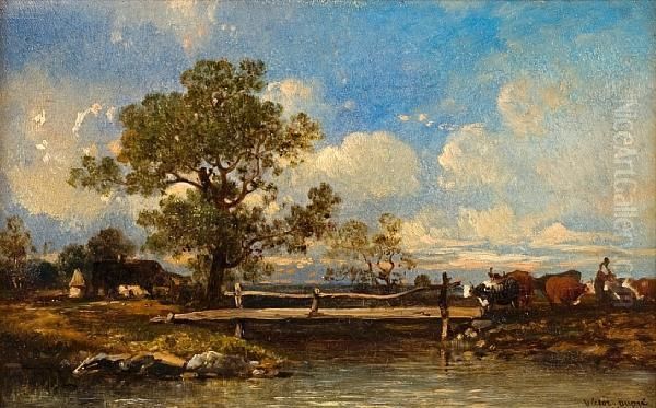 Cattle By A Bridge Oil Painting by Leon Victor Dupre