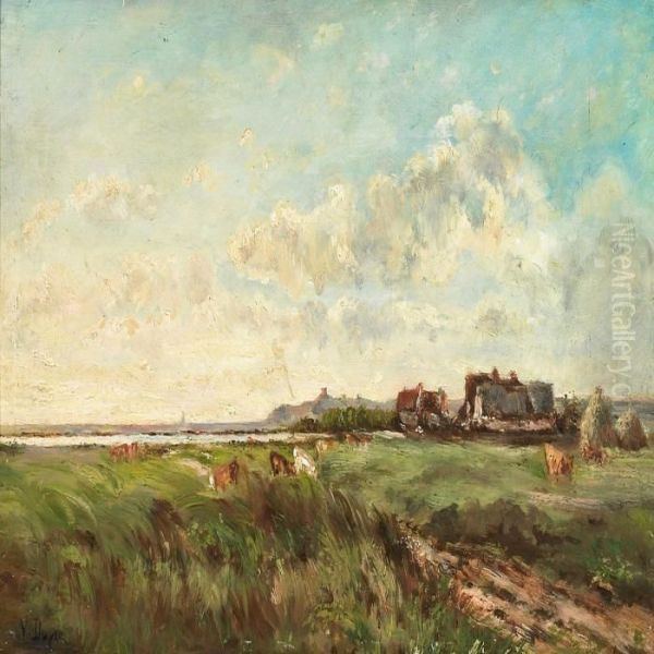 View Of An Open Landscape With Houses And Grazing Cattle Oil Painting by Leon Victor Dupre