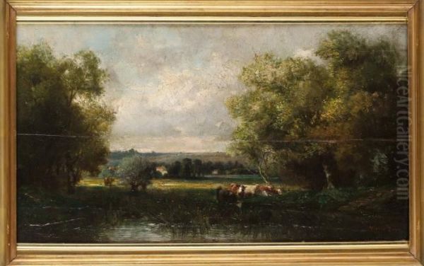 Betande Kor I Gronskande Landskap Oil Painting by Leon Victor Dupre