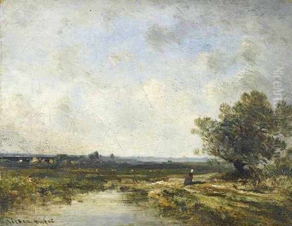 Flussuferpartie Mit Bauerin In Ebener Landschaft. Oil Painting by Leon Victor Dupre