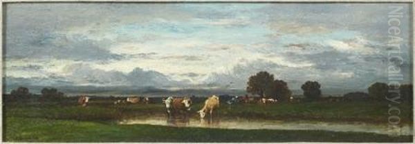 Troupeau De Vaches Au Coucher Du Soleil Oil Painting by Leon Victor Dupre