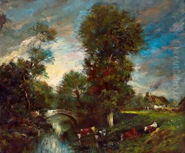 Abendliche Fluslandschaft Mit Kuhen Oil Painting by Leon Victor Dupre