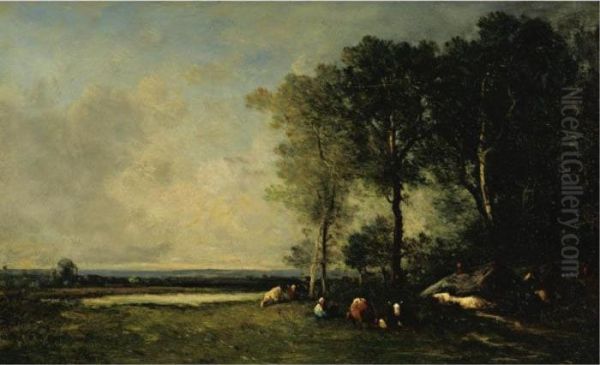 Cattle Grazing At Sunset Oil Painting by Leon Victor Dupre