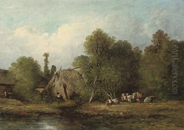 Cattle By A Farmstead Oil Painting by Leon Victor Dupre