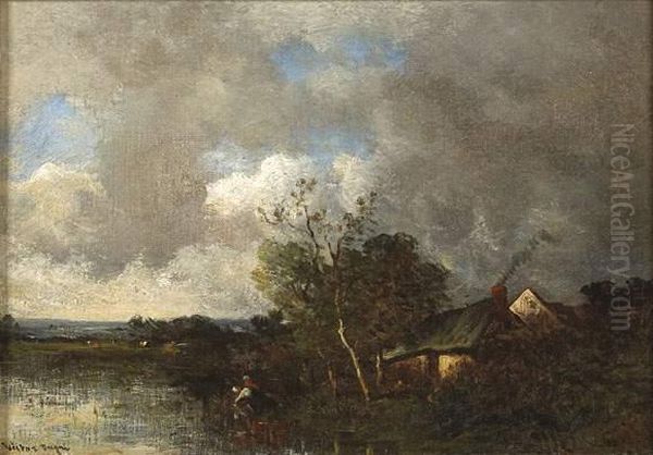 Chaumiere Devant L'etang Oil Painting by Leon Victor Dupre