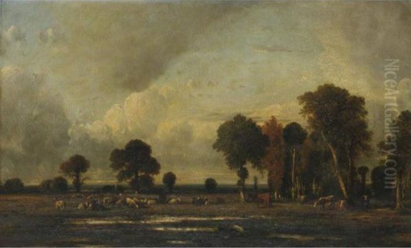 Landscape With Cattle And Sheep Grazing Oil Painting by Leon Victor Dupre