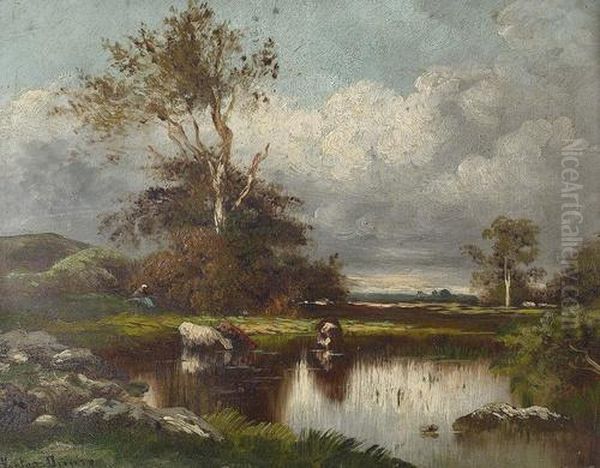 Trinkende Kuhe Im Weiher. Oil Painting by Leon Victor Dupre