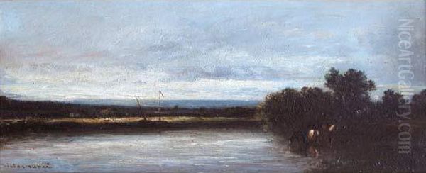 Troupeau Au Bord D'un Fleuve Oil Painting by Leon Victor Dupre