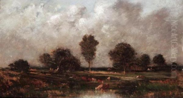 Cattle Watering In A Marshy Field Oil Painting by Leon Victor Dupre