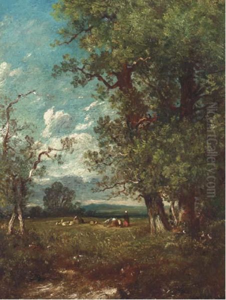 Cattle And Sheep With A Herder In A Clearing Oil Painting by Leon Victor Dupre