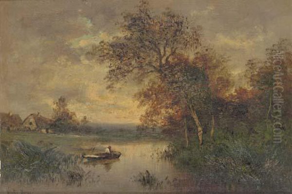 River Landscape With A Figure In A Boat Oil Painting by Leon Victor Dupre