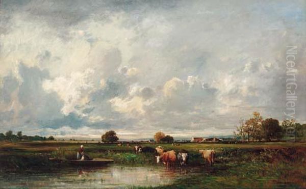 Cattle And Farmhands In A Pasture Oil Painting by Leon Victor Dupre