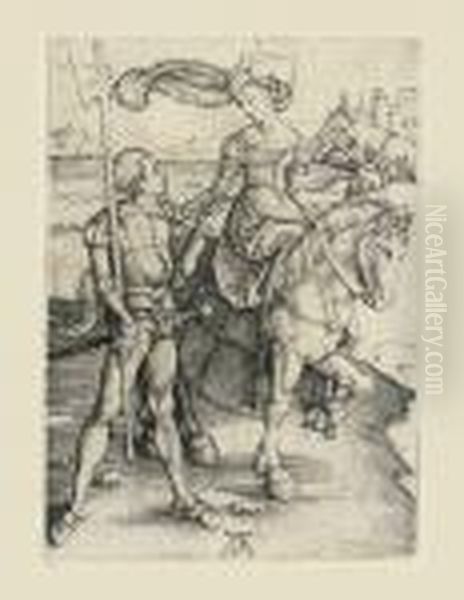 A Lady On Horseback And A Lansquenet Oil Painting by Albrecht Durer