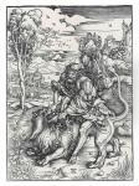 Samson Rending The Lion Oil Painting by Albrecht Durer