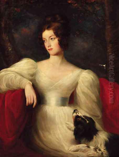 Portrait of a lady, three-quarter-length, in a white dress, seated with a dog by her side, in a landscape Oil Painting by Sir Thomas Lawrence