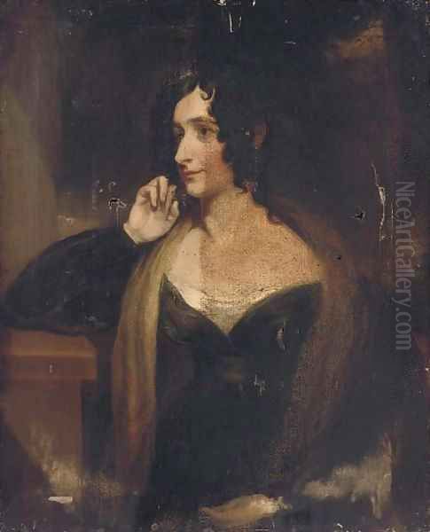 Portrait of a lady, half-length, in a black dress, her right elbow resting on a stone ledge Oil Painting by Sir Thomas Lawrence