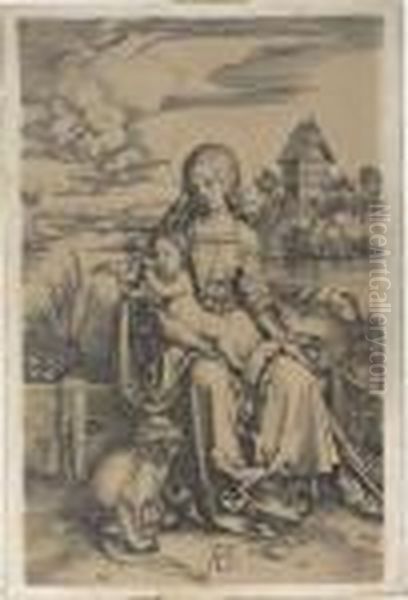 The Madonna And Child Sat Before A River With A Monkey At Her Feet. Oil Painting by Albrecht Durer