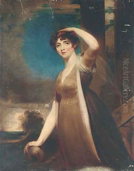 Portrait of a lady, three-quarter-length, in a brown dress, on the steps of a terrace, looking towards the artist Oil Painting by Sir Thomas Lawrence