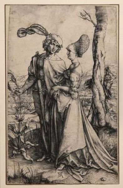 Promenade Ou Le Jeune Couple Surveille Par La Mort Oil Painting by Albrecht Durer