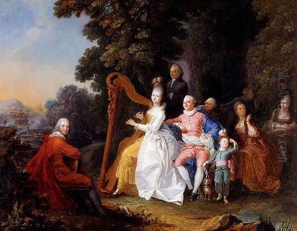 An Elegant Party In The Countryside With A Lady Playing The Harp And A Gentleman Playing The Guitar Oil Painting by Pierre-Michel Lovinfosse