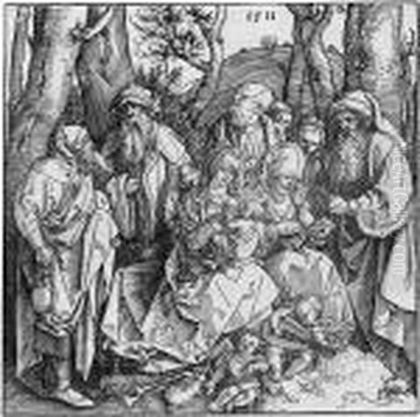 Die Hl. Sippe Mit Zwei Musizierenden Engelknaben Oil Painting by Albrecht Durer