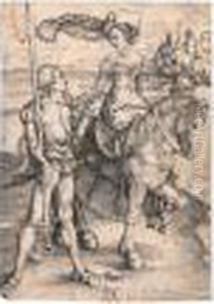 Lady On Horseback And The Lansquenet. Oil Painting by Albrecht Durer