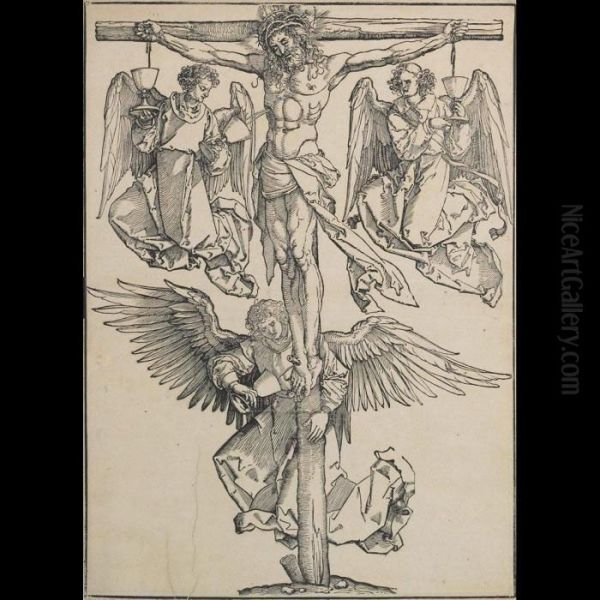 Christ On The Cross With Three Angels, Second State, [b. 58] Oil Painting by Albrecht Durer