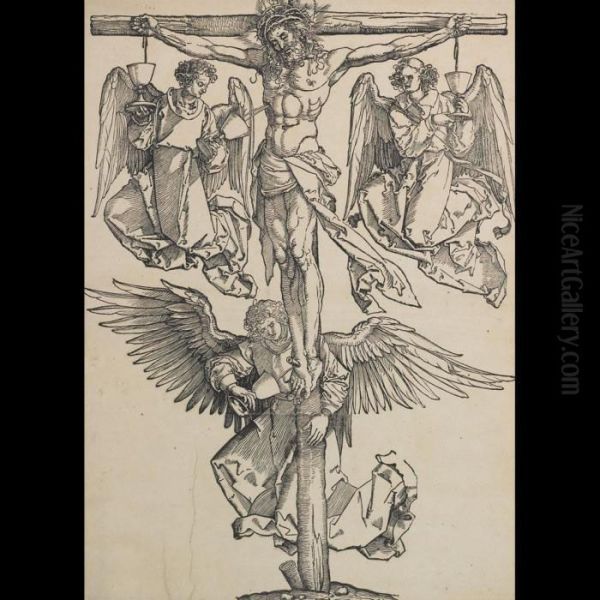 Christ On The Cross With Three Angels Oil Painting by Albrecht Durer