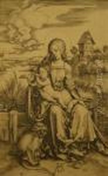 The Madonna And Child Sat Before A River With A Monkey At Herfeet. Oil Painting by Albrecht Durer