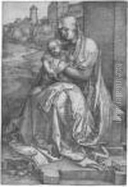 The Virgin And Child Seated By The Wall (b. 40; M., Holl. 36) Oil Painting by Albrecht Durer