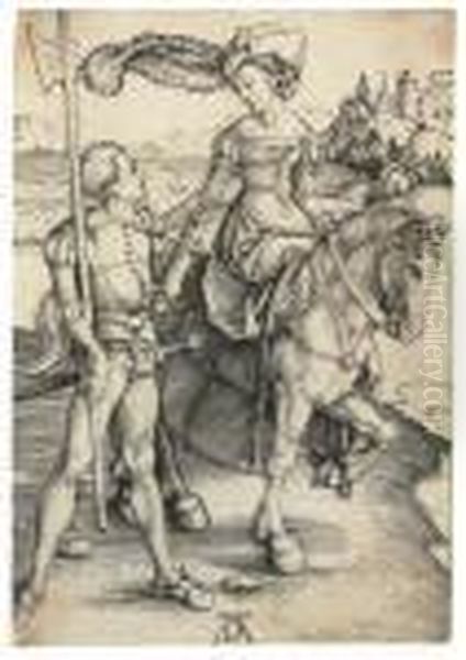 Lady On Horseback And Lansquenet Oil Painting by Albrecht Durer