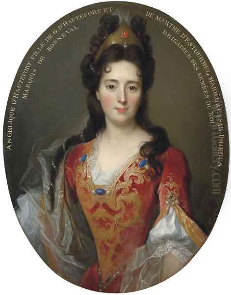 Portrait of Angelique d'Hautefort, half-length, in a red and gold embroidered bodice and skirt Oil Painting by Nicolas de Largilliere