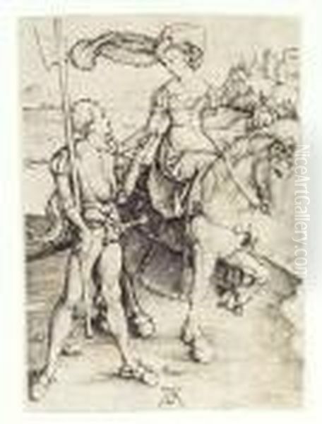 The Lady On Horseback With The Lansquenet Oil Painting by Albrecht Durer