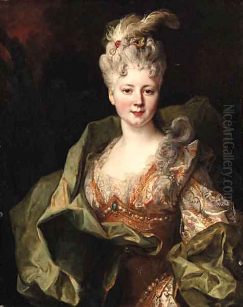 Portrait of Mlle. Jeanne de Gagne Perrigny, half-length, in an embroidered orange and white dress and green wrap Oil Painting by Nicolas de Largilliere