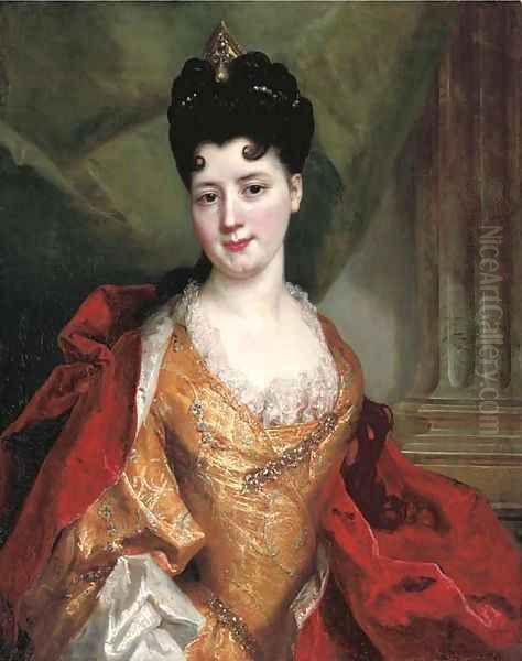 Portrait of a lady, said to be a member of the De Gagne de Perrigny family, bust-length, in a gold dress embroidered with silver thread Oil Painting by Nicolas de Largilliere